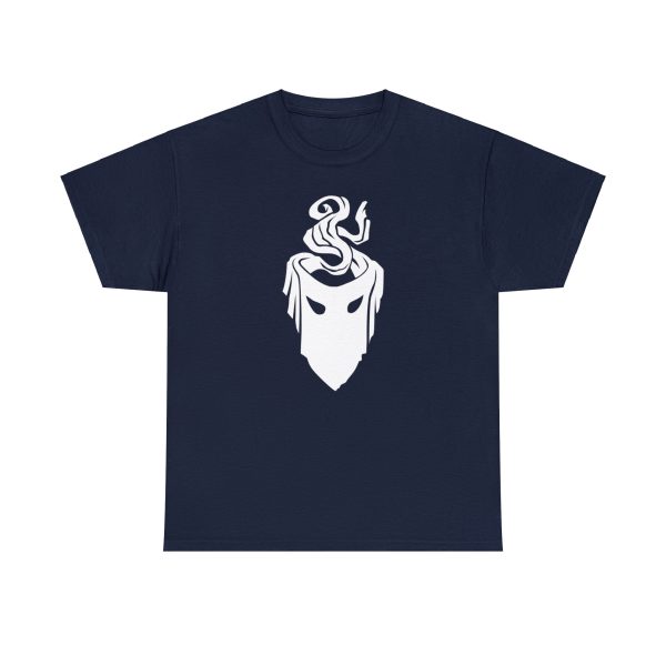 The symbol of mask, a black velvet mask, on a navy blue shirt