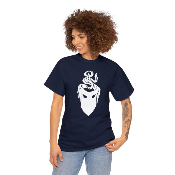 The symbol of mask, a black velvet mask, on a navy blue shirt worn by a woman