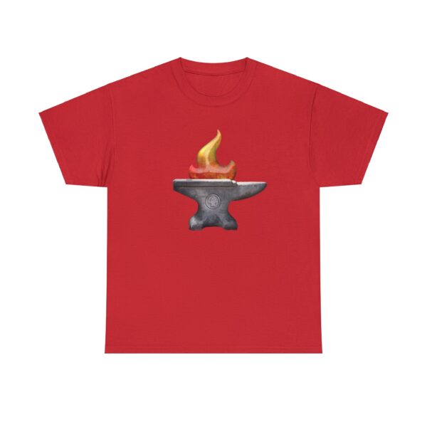 The anvil symbol of Moradin, or the DnD dwarven pantheon, on a red shirt