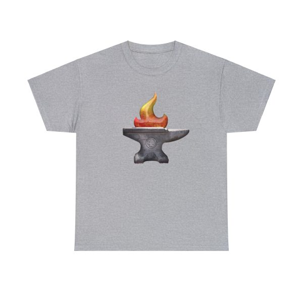 The anvil symbol of Moradin, or the DnD dwarven pantheon, on a sport gray shirt