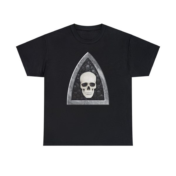 The symbol of Myrkul, a white human skull on a black field, on a black shirt