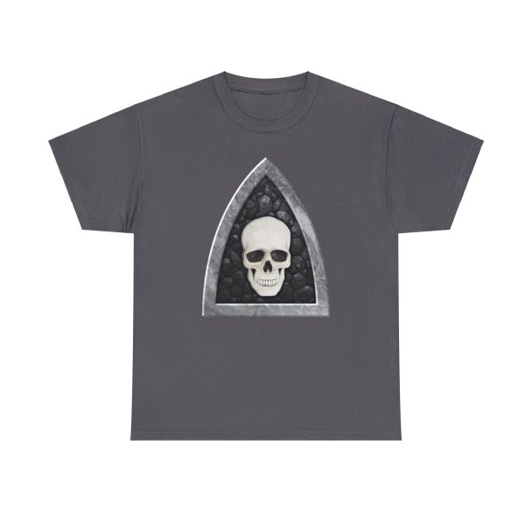 The symbol of Myrkul, a white human skull on a black field, on a charcoal gray shirt
