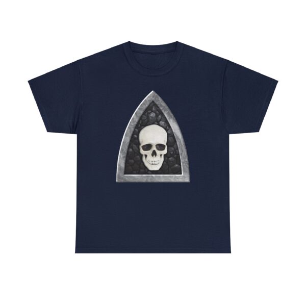 The symbol of Myrkul, a white human skull on a black field, on a navy blue shirt