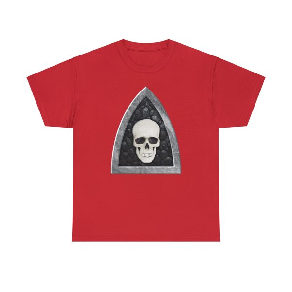 The symbol of Myrkul, a white human skull on a black field, on a red shirt