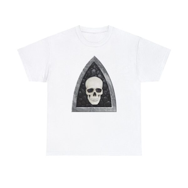 The symbol of Myrkul, a white human skull on a black field, on a white shirt