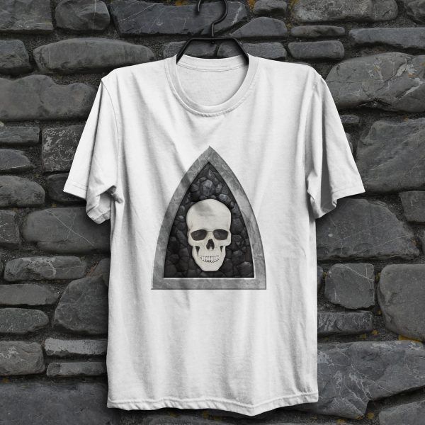 The symbol of Myrkul, a white human skull on a black field, on a white shirt hanging on a wall