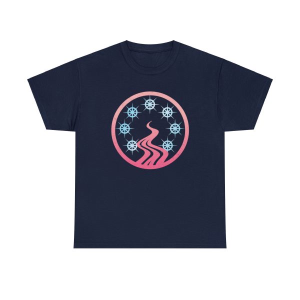 The DnD symbol of Mystra, a circle of seven blue-white stars around a red mist or river, on a navy blue shirt