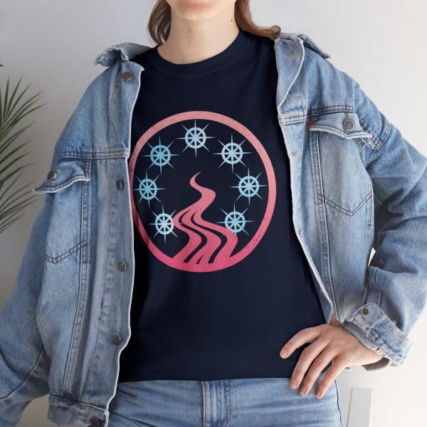 The DnD symbol of Mystra, a circle of seven blue-white stars around a red mist or river, on a navy blue shirt under a jean jacket