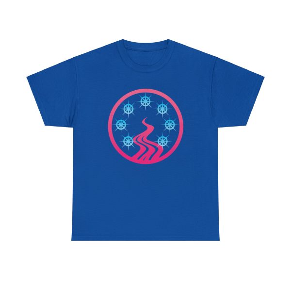 The DnD symbol of Mystra, a circle of seven blue-white stars around a red mist or river, on a royal blue shirt