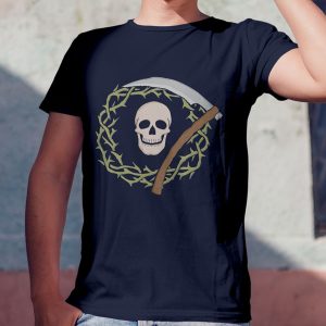 Skull and Scythe, the symbol of Nerull, on a navy blue shirt on a guy leaning against a wall