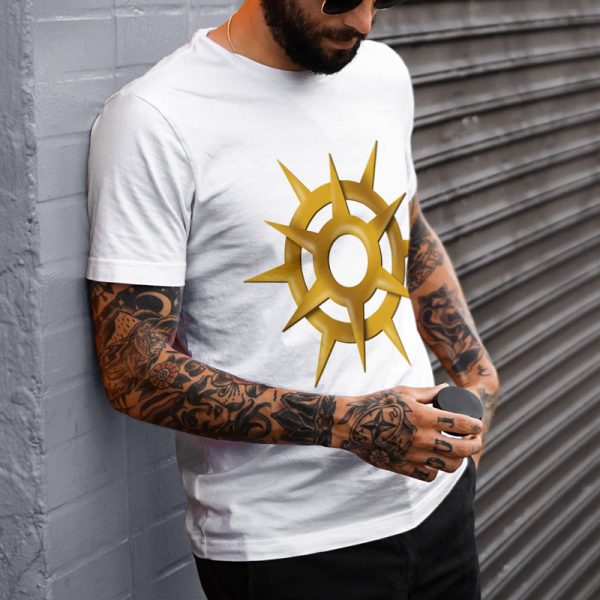 A white shirt with the symbol of Pelor, a golden sun, the god of the sun, worn by a leaning man