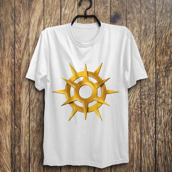 A white shirt with the symbol of Pelor, a golden sun, the god of the sun, hanging on a wall