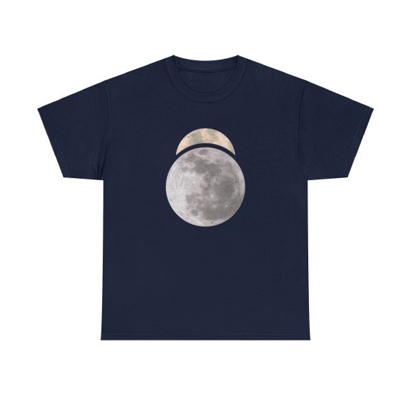 The symbol of Sehanine Moonbow, a misty crescent above a full moon, on a navy blue shirt