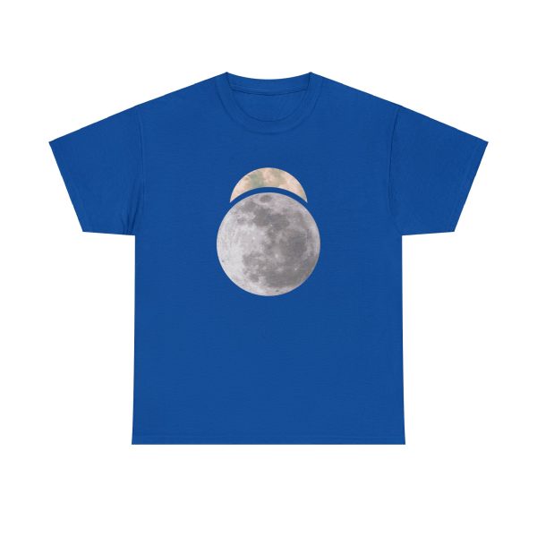 The symbol of Sehanine Moonbow, a misty crescent above a full moon, on a royal blue shirt