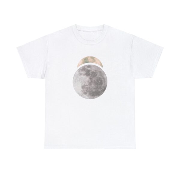 The symbol of Sehanine Moonbow, a misty crescent above a full moon, on a white shirt