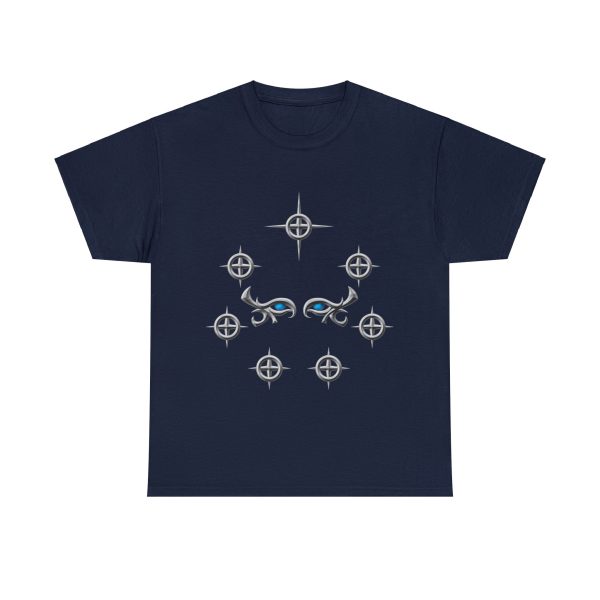 Selune's symbol, a pair of female eyes surrounded by seven silver stars, on a navy blue shirt