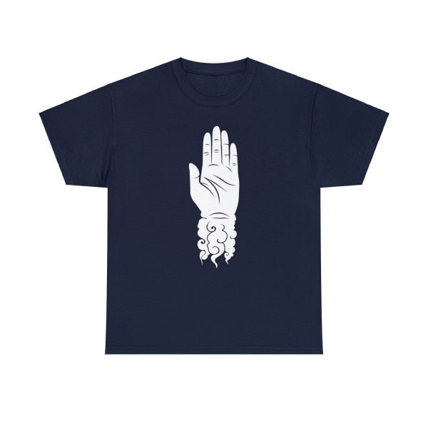 The symbol of Shaundakul, an upright left hand with its wrist trailing away into rippling winds, on a navy blue t-shirt