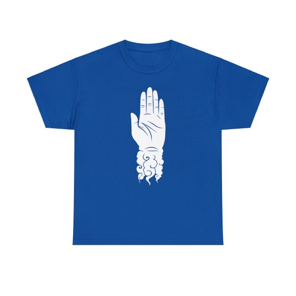 The symbol of Shaundakul, an upright left hand with its wrist trailing away into rippling winds, on a royal blue t-shirt