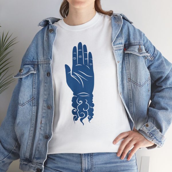 The symbol of Shaundakul, an upright left hand with its wrist trailing away into rippling winds, on a white t-shirt under a jean jacket