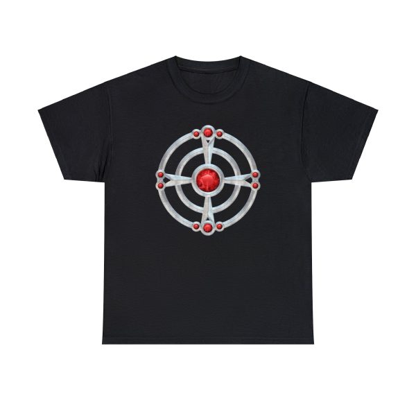 The symbol of St. Cuthbert, a ruby-studded starburst, on a black shirt
