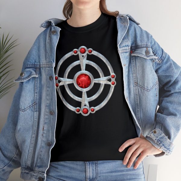 The symbol of St. Cuthbert, a ruby-studded starburst, on a black shirt under a jean jacket