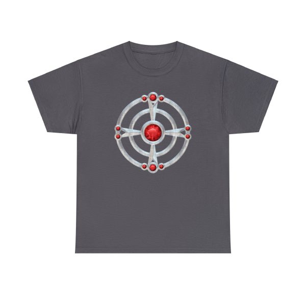 The symbol of St. Cuthbert, a ruby-studded starburst, on a charcoal gray shirt