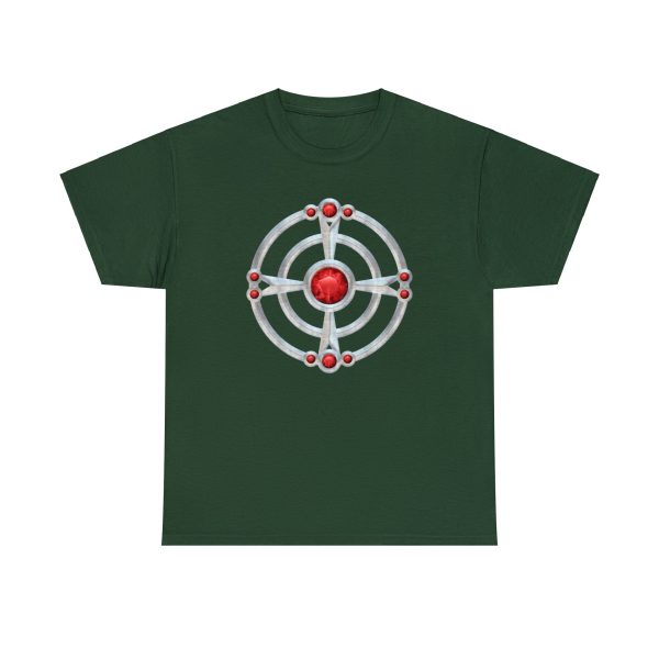 The symbol of St. Cuthbert, a ruby-studded starburst, on a forest green shirt