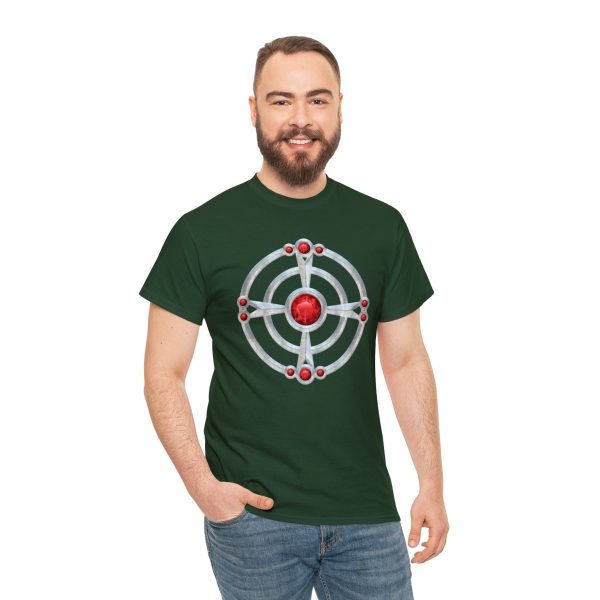 The symbol of St. Cuthbert, a ruby-studded starburst, on a forest green shirt worn by a man