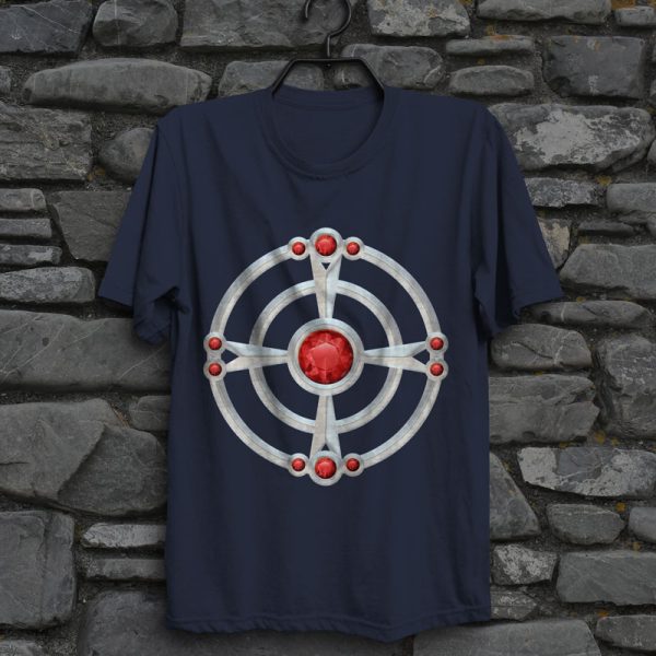 The symbol of St. Cuthbert, a ruby-studded starburst, on a navy blue shirt hanging on a wall