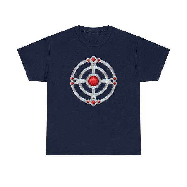 The symbol of St. Cuthbert, a ruby-studded starburst, on a navy blue shirt