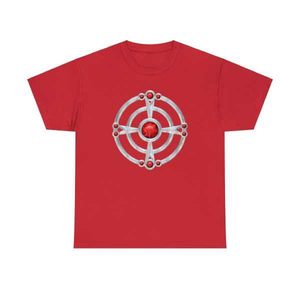The symbol of St. Cuthbert, a ruby-studded starburst, on a red shirt