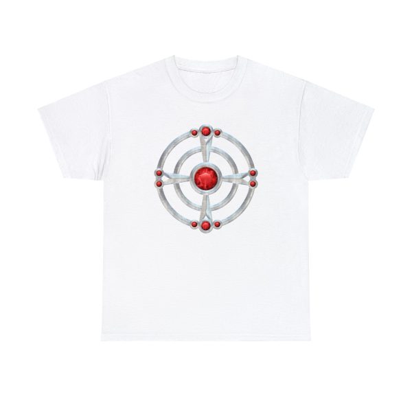The symbol of St. Cuthbert, a ruby-studded starburst, on a white shirt