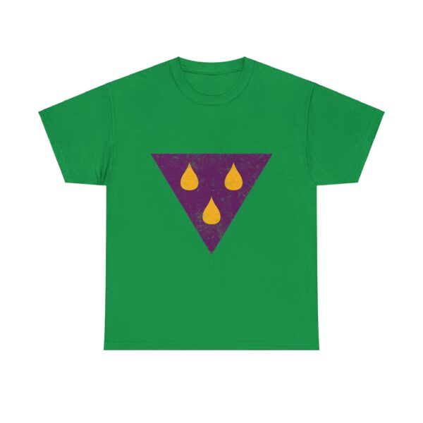The symbol of talona, three amber teardrops on a purple triangle, on an irish green t-shirt