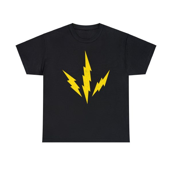 The DnD symbol of Talos, three lightning bolts radiating from a point, the god of storms and destruction, on a black shirt