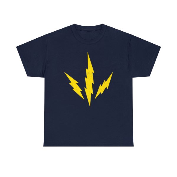 The DnD symbol of Talos, three lightning bolts radiating from a point, the god of storms and destruction, on a navy blue shirt