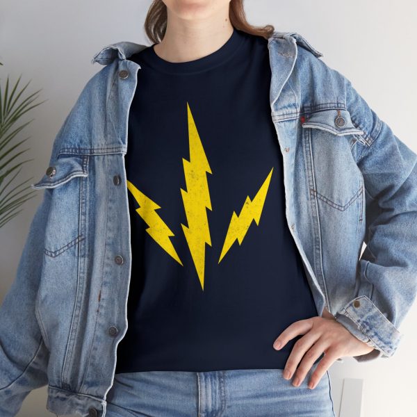 The DnD symbol of Talos, three lightning bolts radiating from a point, the god of storms and destruction, on a navy blue shirt uunder a jean jacket