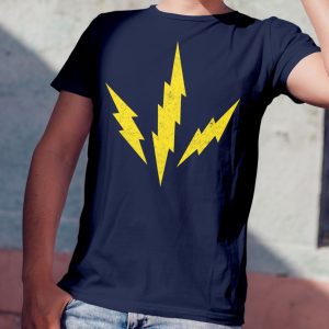 The DnD symbol of Talos, three lightning bolts radiating from a point, the god of storms and destruction, on a navy blue shirt worn by a man leaning against a wall
