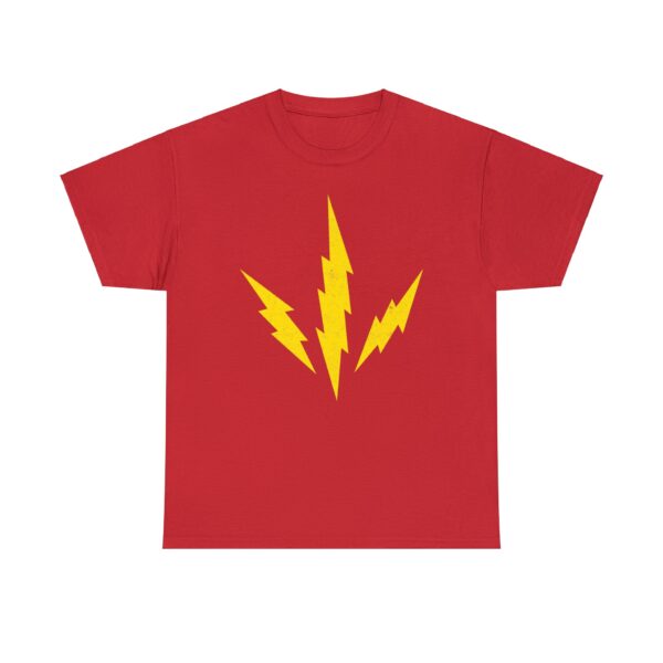 The DnD symbol of Talos, three lightning bolts radiating from a point, the god of storms and destruction, on a red shirt