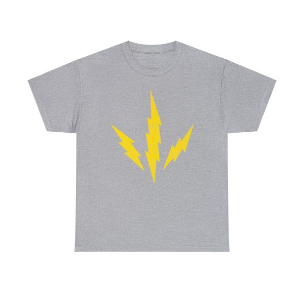 The DnD symbol of Talos, three lightning bolts radiating from a point, the god of storms and destruction, on a sport gray shirt