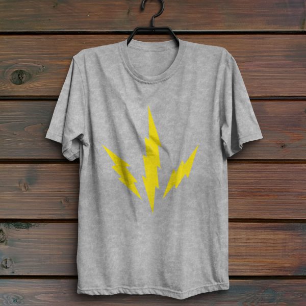 The DnD symbol of Talos, three lightning bolts radiating from a point, the god of storms and destruction, on a sport gray shirt hanging on a wall