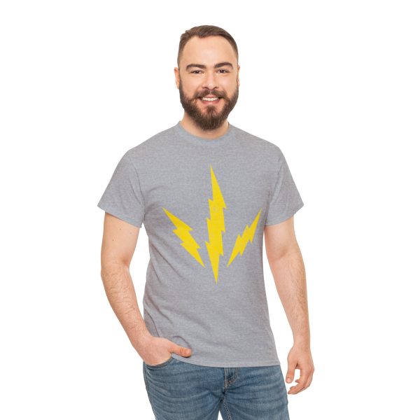 The DnD symbol of Talos, three lightning bolts radiating from a point, the god of storms and destruction, on a sport gray shirt worn by a man