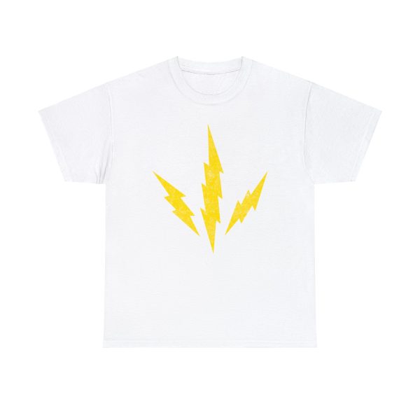 The DnD symbol of Talos, three lightning bolts radiating from a point, the god of storms and destruction, on a white shirt