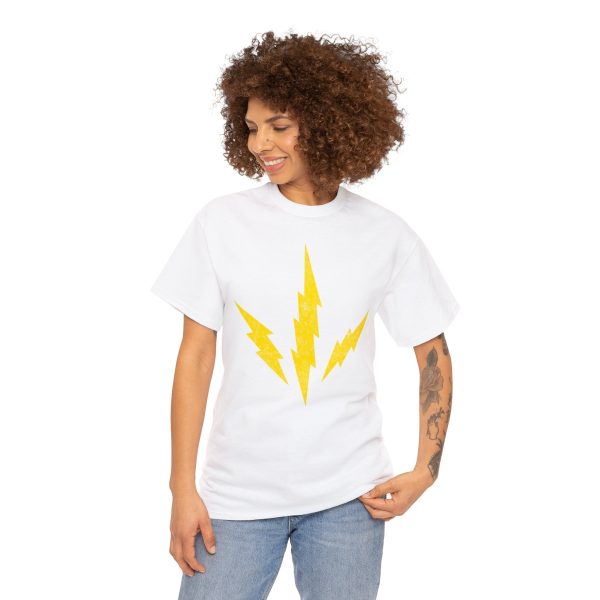 The DnD symbol of Talos, three lightning bolts radiating from a point, the god of storms and destruction, on a white shirt worn by a woman