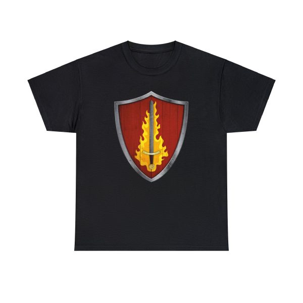 The DnD symbol of Tempus, a blazing silver sword on a blood-red shield, on a black shirt
