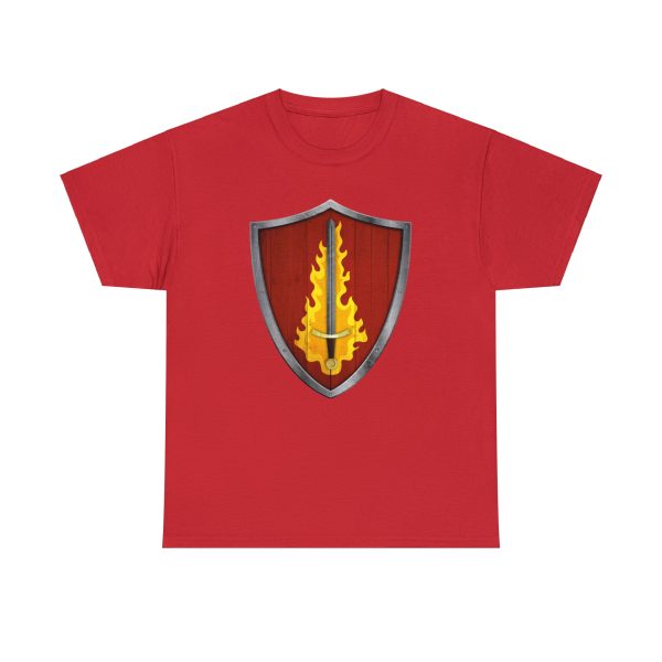 The DnD symbol of Tempus, a blazing silver sword on a blood-red shield, on a red shirt
