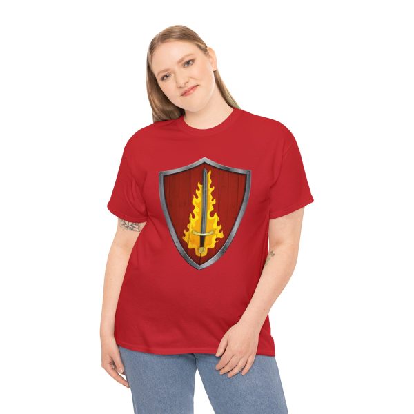 The DnD symbol of Tempus, a blazing silver sword on a blood-red shield, on a red shirt worn by a woman