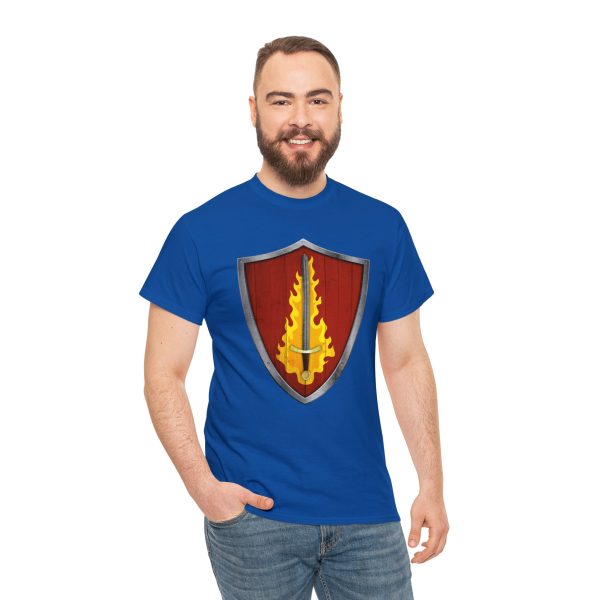 The DnD symbol of Tempus, a blazing silver sword on a blood-red shield, on a royal blue shirt worn by a man