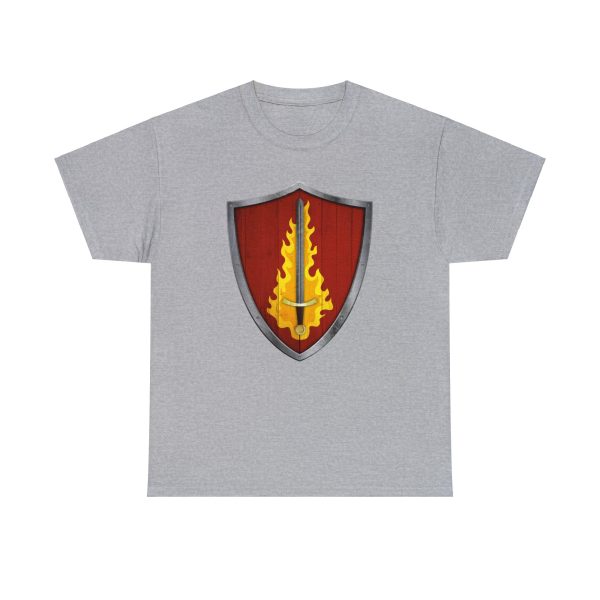 The DnD symbol of Tempus, a blazing silver sword on a blood-red shield, on a sport gray shirt