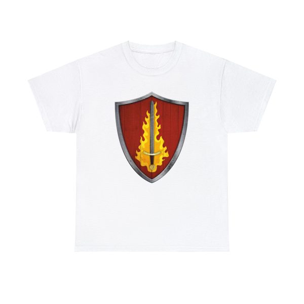 The DnD symbol of Tempus, a blazing silver sword on a blood-red shield, on a white shirt