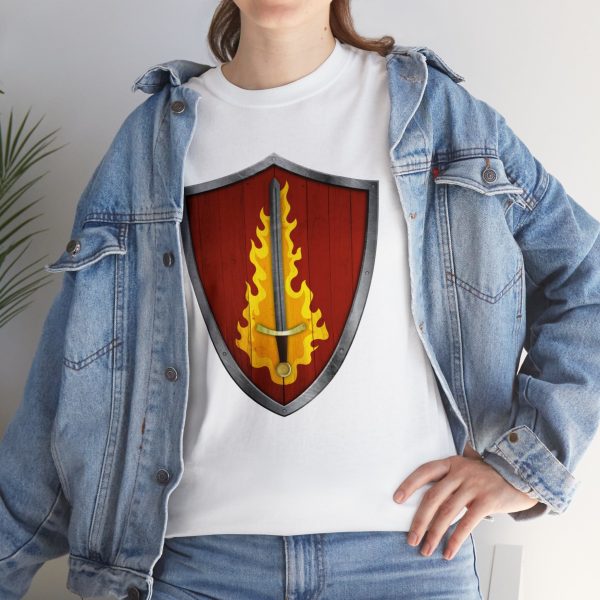 The DnD symbol of Tempus, a blazing silver sword on a blood-red shield, on a white shirt under a jean jacket